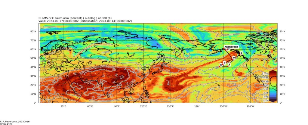 Transport of polluted air masses from the Asian monsoon region (red) over the Pacific on 17 September 2023. The black line near Alaska is the flight path of the HALO research aircraft during measurement flights. (ill./©: Martin Riese / Forschungszentrum Jülich)