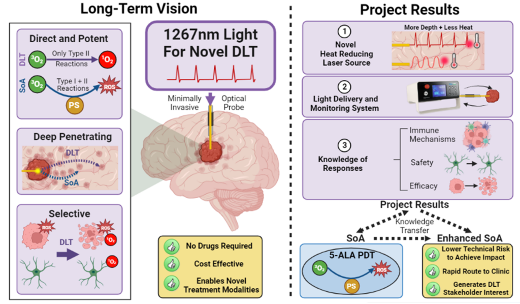 The development of direct light therapy (DLT) as an innovative approach to the treatment of gliomas (left) in the GlioLighT project (upper right). This should help upgrade the effects of photodynamic 5-ALA therapy (PDT) (lower right), the latest form of treatment of the disorder. (ill./©: Anne Régnier-Vigouroux)
