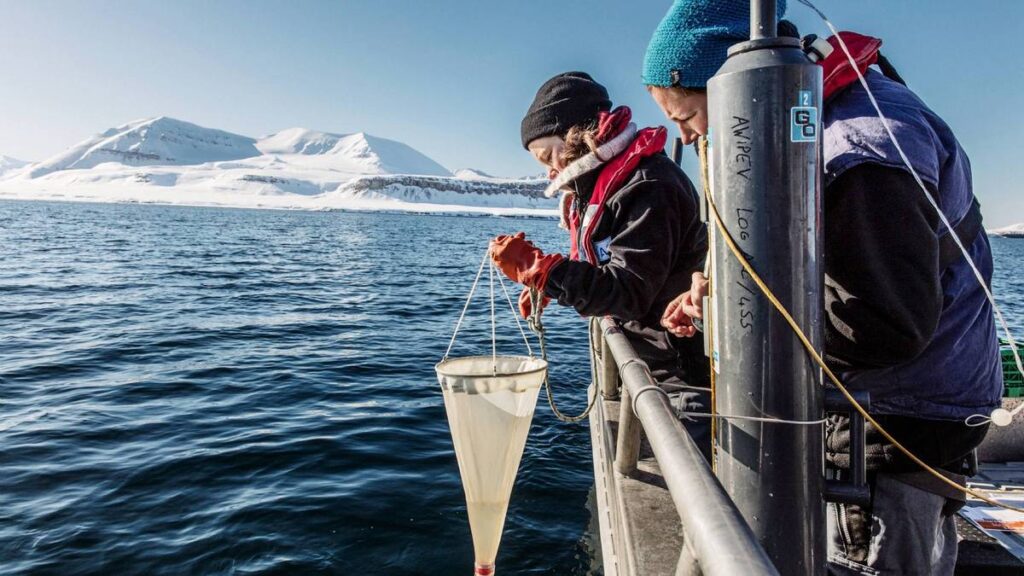 AWI biologist Dr. Clara Hoppe (r.) and Dr. Klara Wolf (l.) are taking algae samples at Kongsfjord, Spitsbergen, which they are going to use for analyzing the chemical composition of the phytoplankton and how much carbon the algae have bound. (photo/©: Paolo Verzone / Alfred Wegener Institute)