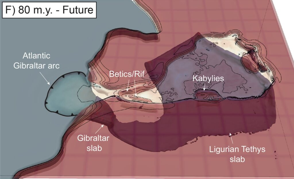 The result of a 3D computer simulation of the migration of the Gibraltar subduction zone. The image shows how the subduction zone will propagate into the Atlantic 50 million years into the future. (ill./©: Nicolas Riel)