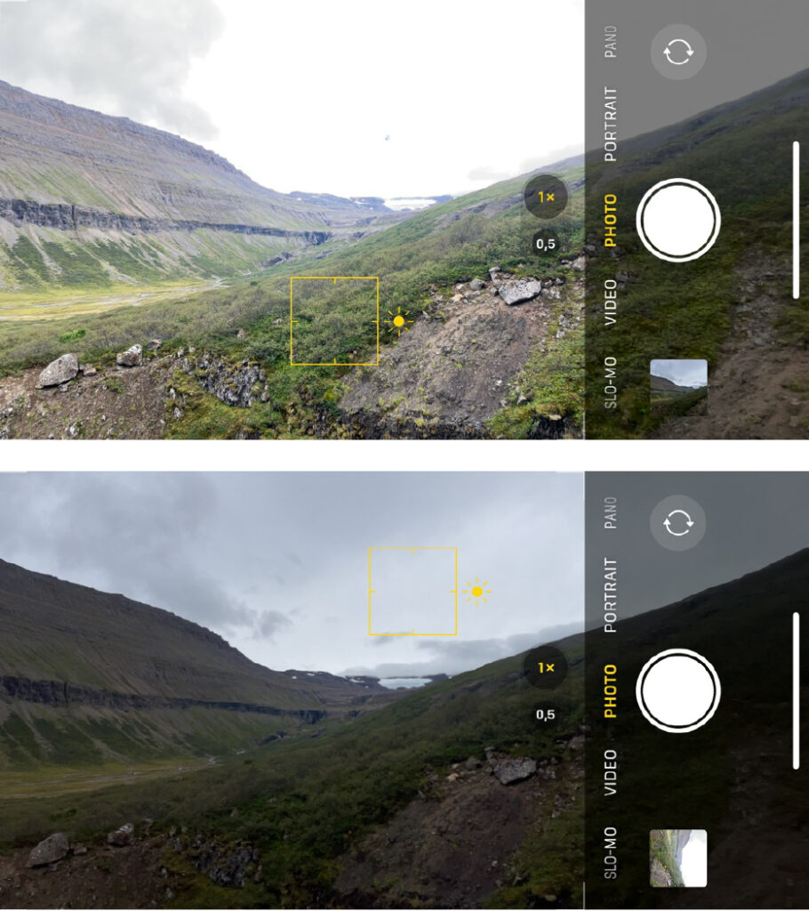 Cell phone cameras adjust the brightness of a scene using a single value, which explains why the sky is overexposed in the top image and the ground is underexposed in the lower image. The eyes of flies and humans, on the other hand, can generate stable responses to contrast even when there are changes to background luminance. (photo/©: Marion Silies)