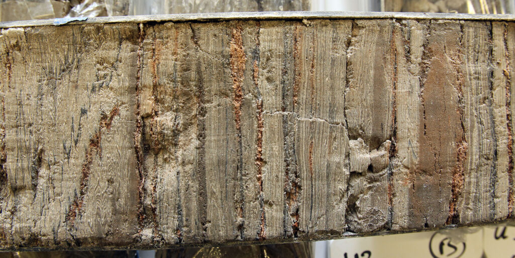 Section of one of the drilling samples of the ELSA project showing the individual sediment layers (photo: Stefan F. Sämmer)