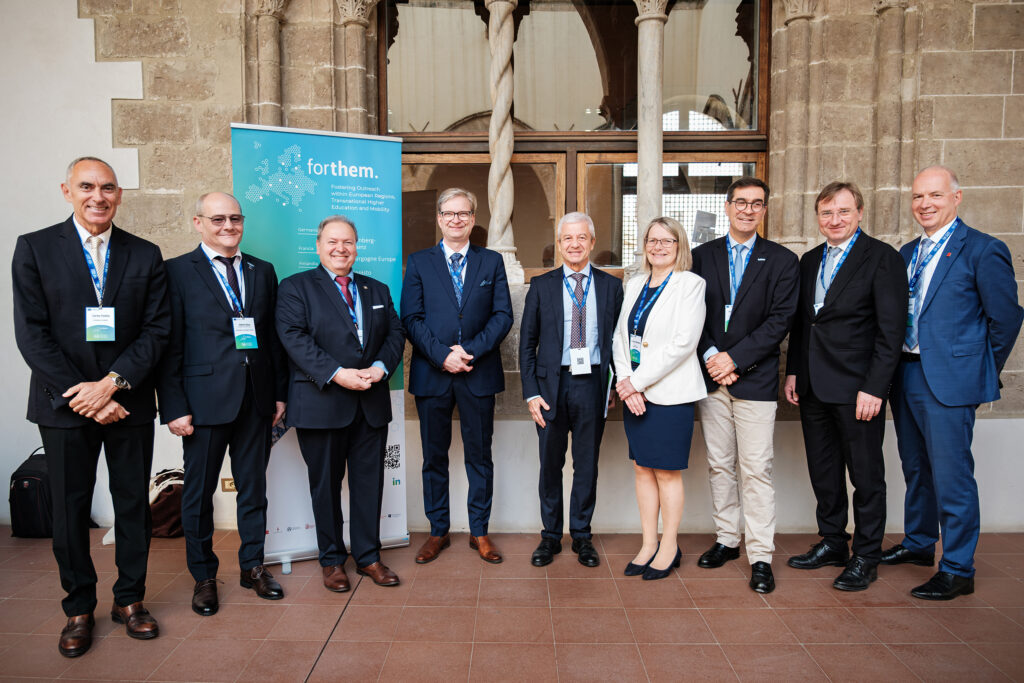 FORTHEM Presidency Meeting in Palermo in May 2025: (fltr) Professor Carles Padilla Carmona (València), Professor Sever-Gabriel Racz (Sibiu), Professor Jacek Lipok (Opole), Professor Jari Ojala (Jyväskylä), Professor Massimo Midiri (Palermo), Professor Sunniva Whittaker (Agder), Professor Vincent Thomas (Dijon), Professor Gundars Bērziņš (Riga), and Professor Georg Krausch (Mainz) (© FORTHEM)