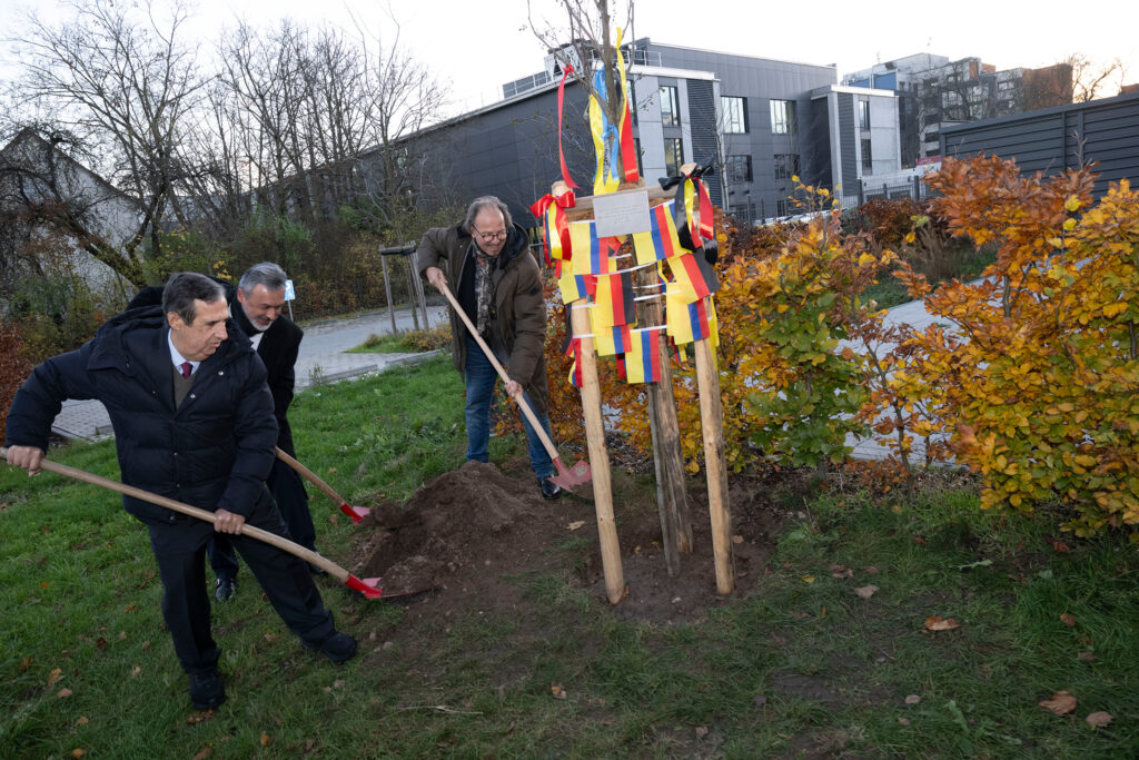 Following a fine tradition, Professor Adolfo Meisel Roca, Rector of Uninorte, and Professor Stephan Jolie, Vice President for Learning and Teaching at JGU, joined forces with Lennin Gell Hernández Alarcón (center), Consul General of the Republic of Colombia in Frankfurt/Main, to plant a friendship tree on the Gutenberg campus. (photo: Peter Pulkowski)