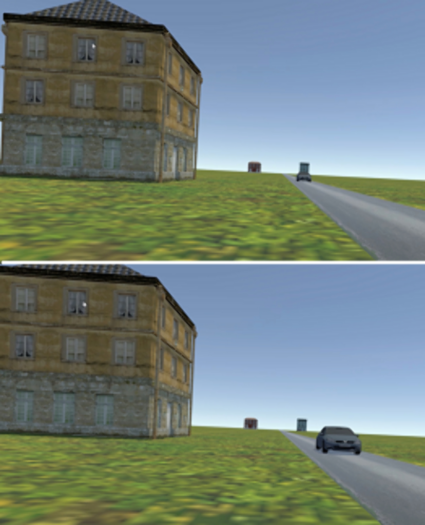 Screenshots from the VR-scenes shown to participants in the TTC-AMD study: first video frame of an approaching car (top panel) and last frame before the car's disappearance (© P. R. DeLucia et al., PLOS ONE, 2025 / CC BY 4.0)