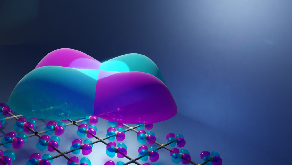 Schematic illustration of the structure of an altermagnetic crystal: The unique symmetry of the electron distribution underlies the extraordinary properties of this newly discovered class of magnetic materials. (ill./©: Libor Šmejkal)