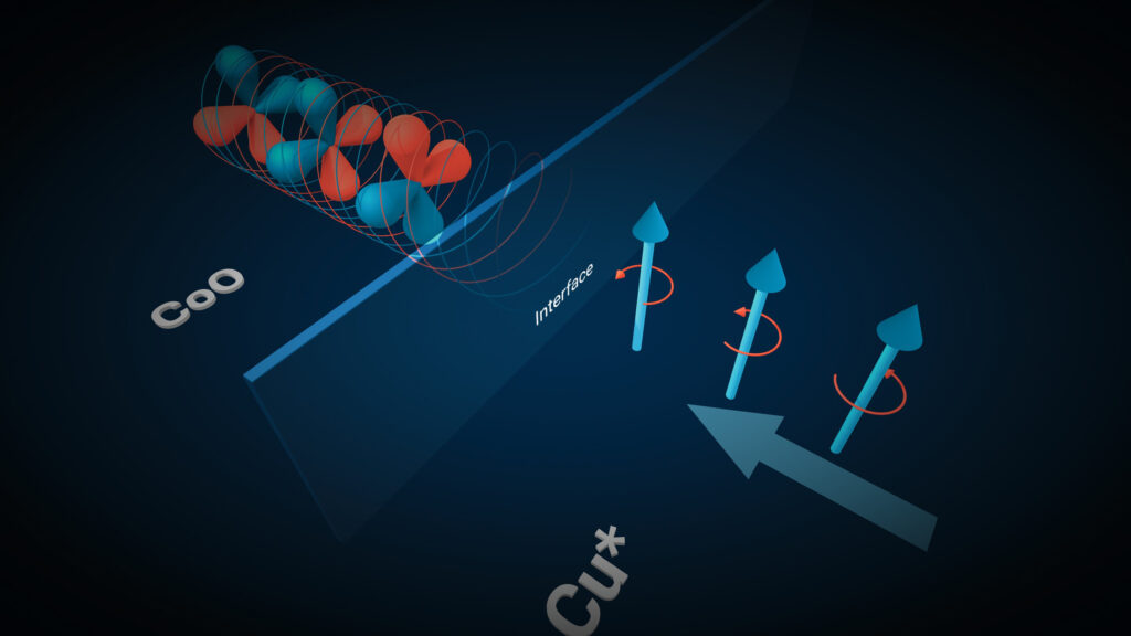 An orbital current generated in copper (Cu*) can, for the first time, be efficiently coupled to orbital moments in cobalt oxide (CoO). (Ill/©: Mathias Kläui, JGU)