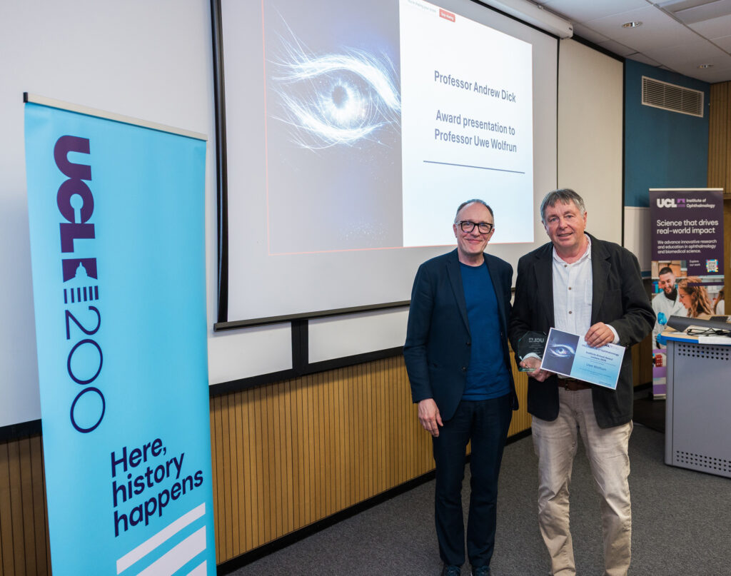 (fltr) Professor Andrew Dick, Director of the Institute of Ophthalmology at University College London, and award recipient Professor Uwe Wolfrum of the Institute of Molecular Physiology at Johannes Gutenberg University Mainz (photo/©: James Tye / UCL Institute of Ophthalmology, Annual Lecture 2026)