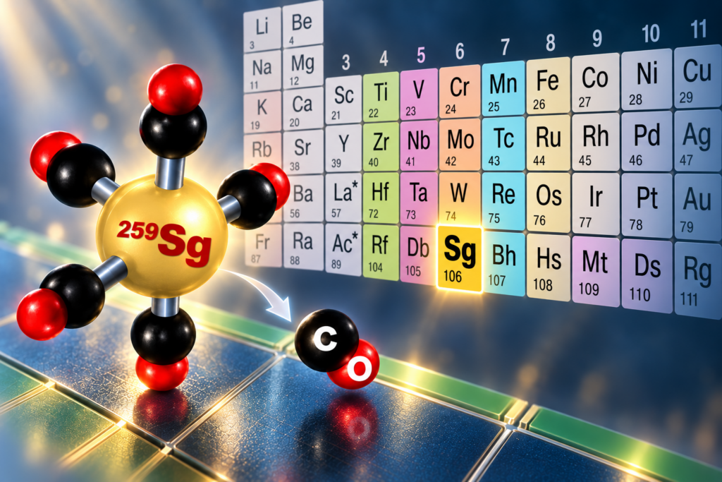 Graphical illustration of the decomposition of the hexacarbonyl complex Sg(CO)₆ of the superheavy element seaborgium (Sg, element 106). (ill./©: Alexander Yakushev and Katharina Hermainski; AI-assisted)